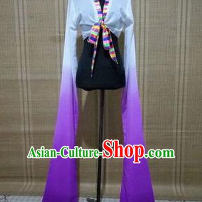 Traditional Chinese Long Sleeve Tibetan Nationality Water Sleeve Dance Suit China Folk Dance Koshibo Long White and Purple Gradient Ribbon for Women
