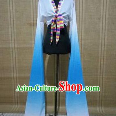 Traditional Chinese Long Sleeve Tibetan Nationality Water Sleeve Dance Suit China Folk Dance Koshibo Long White and Blue Gradient Ribbon for Women