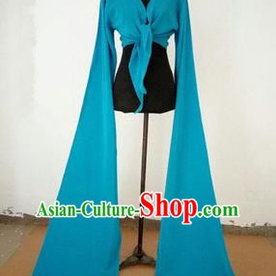 Traditional Chinese Long Sleeve Wide Water Sleeve Dance Suit China Folk Dance Koshibo Long Blue Ribbon for Women