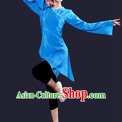 Traditional Chinese Yangge Fan Dancing Costume, China Folk Dance Yangko Dance Blue Dress For Women