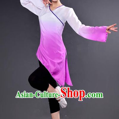 Traditional Chinese Yangge Fan Dancing Costume, China Folk Dance Yangko Dance Lilac Dress For Women