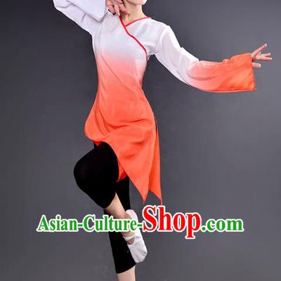 Traditional Chinese Yangge Fan Dancing Costume, China Folk Dance Yangko Dance Orange Dress For Women