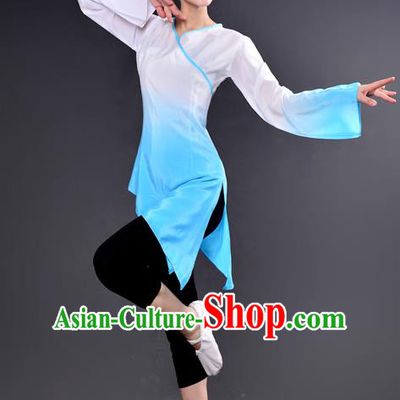 Traditional Chinese Yangge Fan Dancing Costume, China Folk Dance Yangko Dance Light Blue Dress For Women