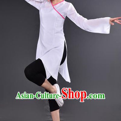 Traditional Chinese Yangge Fan Dancing Costume, China Folk Dance Yangko Dance White Dress For Women