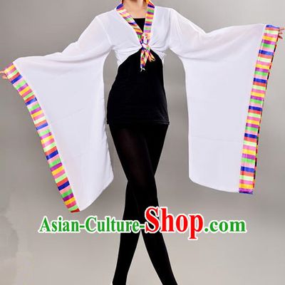 Traditional Chinese Tibetan Nationality Wide Sleeve Water Sleeve Dance Suit China Folk Dance Koshibo White Blouse for Women