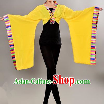 Traditional Chinese Tibetan Nationality Wide Sleeve Water Sleeve Dance Suit China Folk Dance Koshibo Yellow Blouse for Women