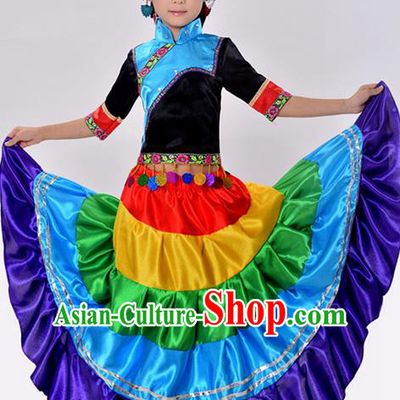 Traditional Chinese Yi Nationality Dancing Costume, Torch Festival Folk Dance Ethnic Pleated Skirt, Chinese Minority Nationality Costume for Kids