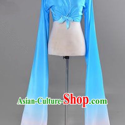 Traditional Chinese Long Sleeve Water Sleeve Dance Suit China Folk Dance Koshibo Long White and Blue Gradient Ribbon for Women