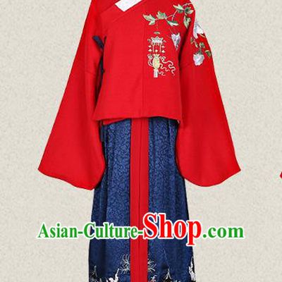 Traditional Ancient Chinese Female Costume Woolen Blouse and Skirt Complete Set, Elegant Hanfu Clothing Chinese Ming Dynasty Palace Lady Embroidered Begonia Crane Clothing for Women