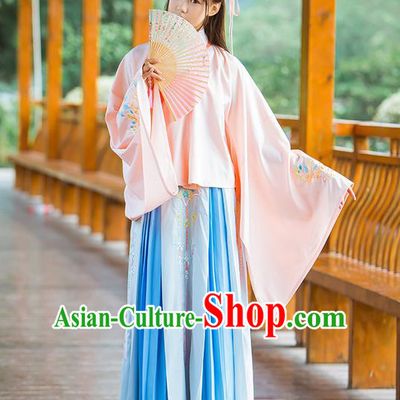 Traditional Ancient Chinese Female Costume Wide Sleeve Blouse and Skirt Complete Set, Elegant Hanfu Clothing Chinese Ming Dynasty Palace Lady Embroidered Peony Clothing for Women
