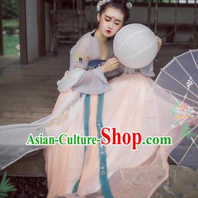 Traditional Ancient Chinese Female Costume Blouse and Dress Complete Set, Elegant Hanfu Clothing Chinese Tang Dynasty Palace Princess Embroidered Clothing for Women