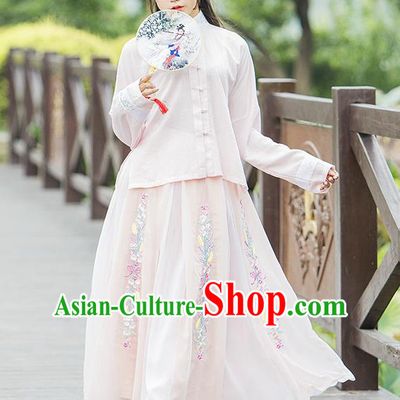 Traditional Ancient Chinese Female Costume Pink Blouse and Dress Complete Set, Elegant Hanfu Clothing Chinese Ming Dynasty Palace Princess Embroidered Swallow Clothing for Women