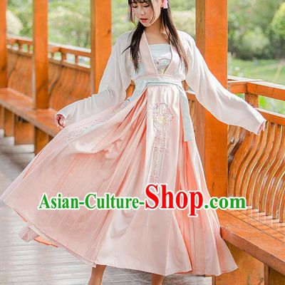 Traditional Ancient Chinese Female Costume Blouse and Dress Complete Set, Elegant Hanfu Clothing Chinese Song Dynasty Palace Princess Embroidered Flowers Clothing for Women