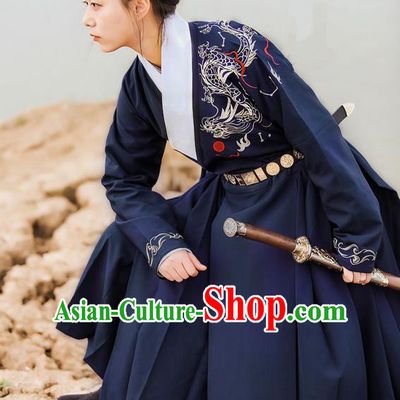 Traditional Ancient Chinese Female Swordsman Costume Complete Set, Elegant Hanfu Clothing Chinese Ming Dynasty Palace Imperial Bodyguard Embroidered Dragon Navy Clothing for Women