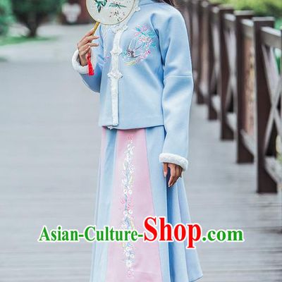 Traditional Ancient Chinese Female Costume Woolen Blue Blouse and Dress Complete Set, Elegant Hanfu Clothing Chinese Ming Dynasty Palace Princess Embroidered Swallow Clothing for Women