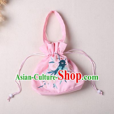 Traditional Ancient Chinese Embroidered Handbags Embroidered Bird Flowers Round Pink Bag for Women
