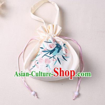 Traditional Ancient Chinese Embroidered Handbags Hanfu Embroidered Bird Flowers Round Beige Bag for Women