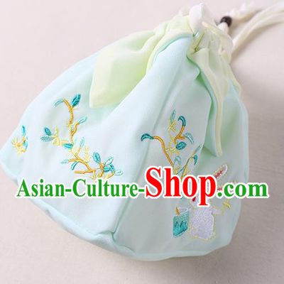 Traditional Ancient Chinese Embroidered Handbags Hanfu Embroidered Rabbit Flowers Square Light Green Bag for Women