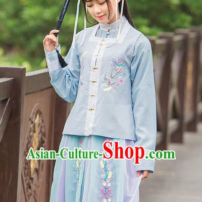 Traditional Ancient Chinese Female Costume Blue Blouse and Dress Complete Set, Elegant Hanfu Clothing Chinese Ming Dynasty Palace Princess Embroidered Swallow Clothing for Women