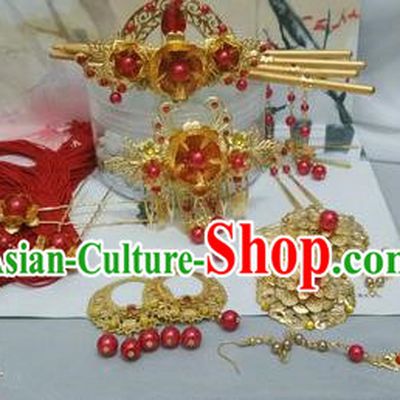 Traditional Handmade Chinese Ancient Classical Red Hair Accessories Earrings and Necklace Complete Set, Hair Sticks Butterfly Hair Jewellery, Hair Fascinators Hairpins for Women