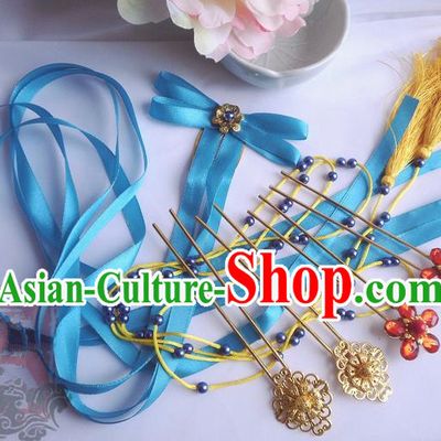 Traditional Handmade Chinese Ancient Classical Blue Bowknot Hair Accessories Complete Set, Hair Sticks Tassel Hair Jewellery, Hair Fascinators Hairpins for Women