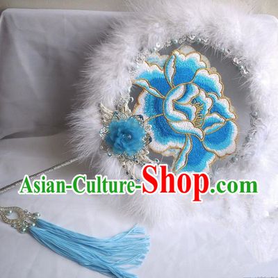 Traditional Chinese Handmade Ancient Hanfu Blue Plush Embroidered Round Fan Props for Women