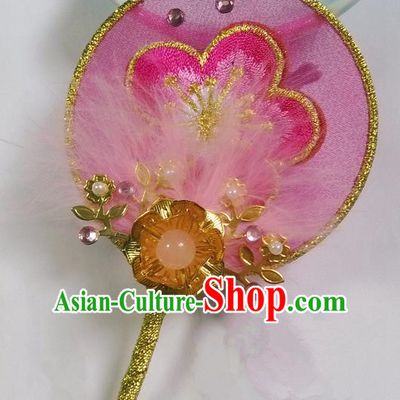 Traditional Chinese Handmade Ancient Hanfu Cosplay Round Embroidered Pink Peach Blossom Little Fan Props