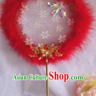 Traditional Chinese Handmade Ancient Hanfu Cosplay Round Embroidered Red Fan Props for Women