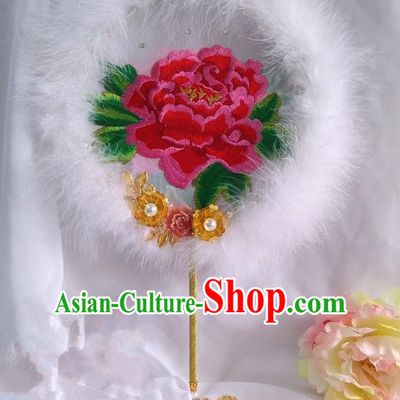 Traditional Chinese Handmade Ancient Hanfu Cosplay Round Embroidered Peony White Fan Props for Women
