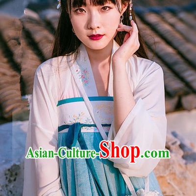 Traditional Ancient Chinese Female Costume Blue Blouse and Dress Complete Set, Elegant Hanfu Clothing Chinese Tang Dynasty Embroidered Palace Princess Clothing for Women