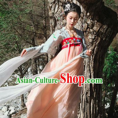Traditional Ancient Chinese Female Costume Blouse and Dress Complete Set, Elegant Hanfu Clothing Chinese Tang Dynasty Embroidering Flower Palace Princess Clothing for Women