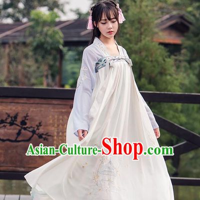 Traditional Ancient Chinese Female Costume Blouse and Dress Complete Set, Elegant Hanfu Clothing Chinese Tang Dynasty Embroidering Pavilions Palace Princess Clothing for Women