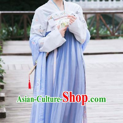 Traditional Ancient Chinese Female Costume Blouse and Dress Complete Set, Elegant Hanfu Clothing Chinese Tang Dynasty Palace Princess Embroidered Lotus Clothing for Women