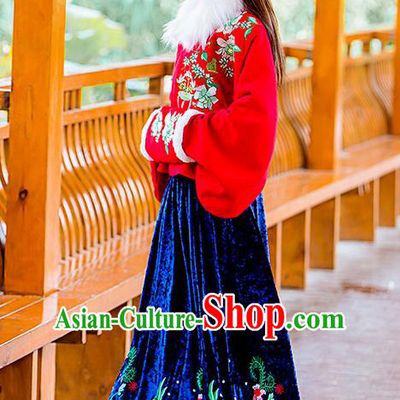 Traditional Ancient Chinese Female Costume Woolen Red Blouse and Blue Dress Complete Set, Elegant Hanfu Clothing Chinese Ming Dynasty Palace Princess Embroidered Clothing for Women
