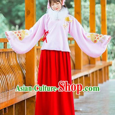 Traditional Ancient Chinese Female Costume Woolen Pink Blouse and Red Dress Complete Set, Elegant Hanfu Clothing Chinese Ming Dynasty Palace Princess Embroidered Carp Clothing for Women