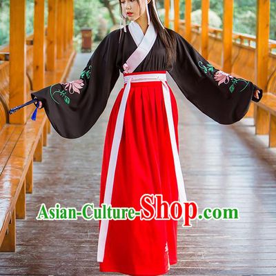 Traditional Ancient Chinese Female Costume Black Blouse and Red Dress Complete Set, Elegant Hanfu Clothing Chinese Ming Dynasty Palace Princess Embroidered Clothing for Women