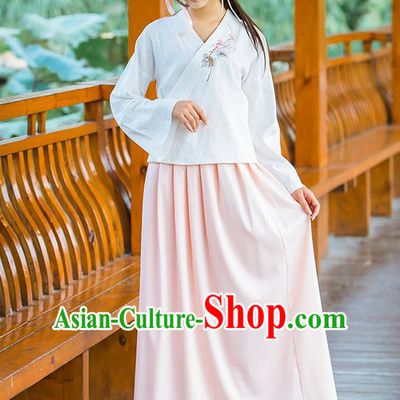 Traditional Ancient Chinese Female Costume Blue Blouse and Pink Dress Complete Set, Elegant Hanfu Clothing Chinese Ming Dynasty Palace Princess Embroidered Clothing for Women