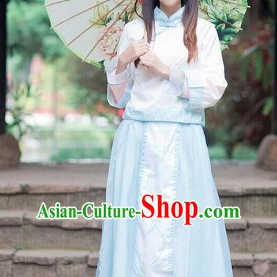 Traditional Ancient Chinese Female Costume Improved Stand Collar Blouse and Dress Complete Set, Elegant Hanfu Clothing Chinese Ming Dynasty Palace Princess Clothing for Women