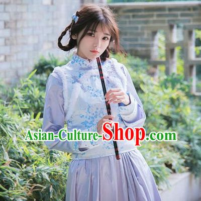 Traditional Ancient Chinese Female Costume Improved Vest, Elegant Hanfu Clothing Chinese Qing Dynasty Manchu Embroidered Blue Vests Clothing for Women