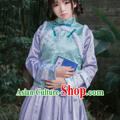Traditional Ancient Chinese Female Costume Improved Vest, Elegant Hanfu Clothing Chinese Qing Dynasty Manchu Embroidered Green Vests Clothing for Women