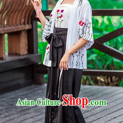 Traditional Ancient Chinese Female Costume White Blouse and Pants Complete Set, Elegant Hanfu Clothing Chinese Song Dynasty Palace Princess Embroidered Clothing for Women