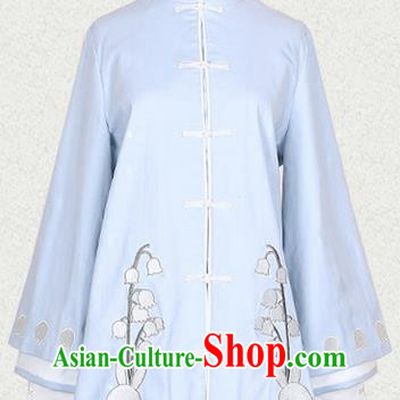 Traditional Ancient Chinese Female Costume Blue Long Blouse, Elegant Hanfu Clothing Chinese Song Dynasty Palace Princess Embroidered Convallaria Majalis Coat for Women