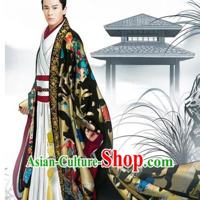 Traditional Ancient Chinese Imperial Emperor Costume and Hat Complete Set, Elegant Hanfu Palace King Robe, Chinese Han Dynasty Majesty Tailing Embroidered Dragon Clothing and Headwear for Men