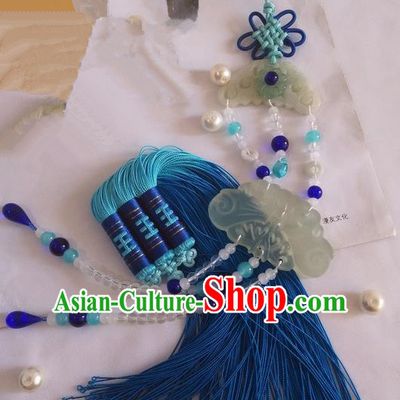 Traditional Chinese Handmade Ancient Hanfu Waist Jewelry Jade Wearing Blue Palace Agate Pendant Sword Tassel for Women
