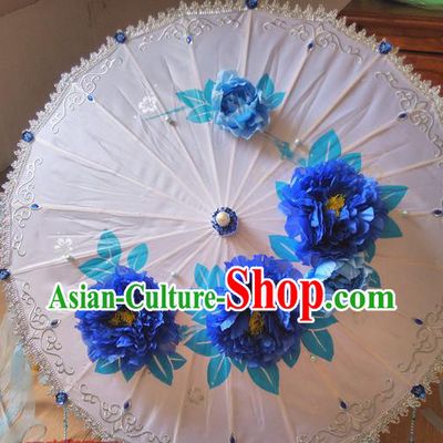 Traditional Chinese Handmade Ancient Hanfu Dance Blue Flowers Umbrella Props for Women