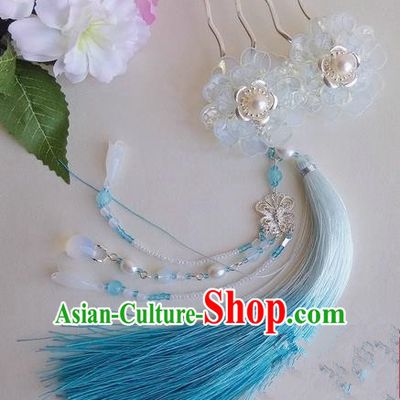 Traditional Handmade Chinese Ancient Princess Classical Accessories Jewellery Pure Copper Coloured Glaze Hair Sticks Hair Claws, Blue Tassels Hair Fascinators Hairpins for Women
