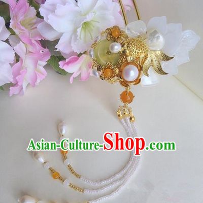 Traditional Handmade Chinese Ancient Princess Classical Accessories Jewellery Pure Copper Coloured Glaze Hair Sticks Pearl Hair Jewellery, Hair Fascinators Hairpins for Women