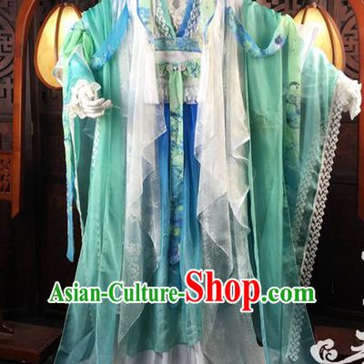Traditional Ancient Chinese Imperial Consort Costume, Elegant Hanfu Clothing Chinese Tang Dynasty Imperial Empress Cosplay Fairy Tailing Embroidered Gradient Green Dress for Women