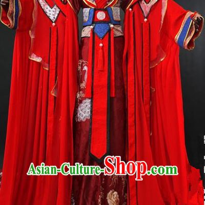 Traditional Ancient Chinese Imperial Emperor Wedding Costume Complete Set, Elegant Hanfu Palace King Red Robe, Chinese Han Dynasty Majesty Tailing Embroidered Clothing for Men