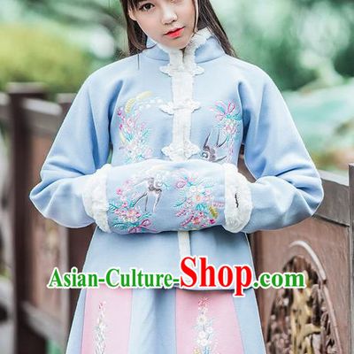 Traditional Ancient Chinese Embroidered Hanfu Muff Embroidered Swallow Blue Handwarmers for Women